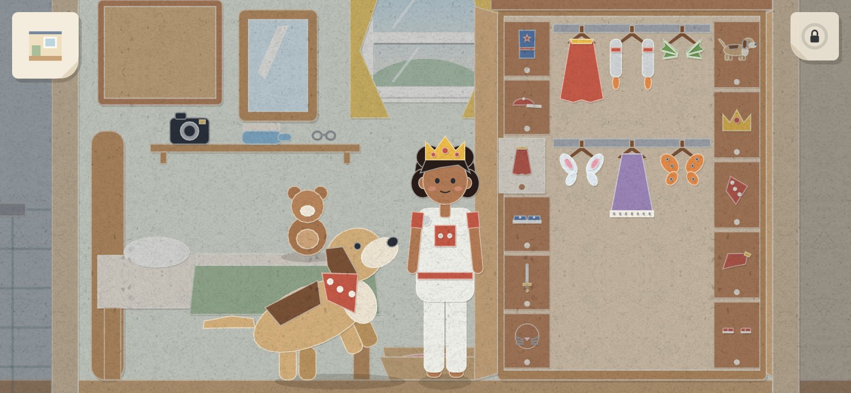 Tiinyme’s bedroom with the wardrobe open: a child in a crown and a space suit stands beside Tiinyme, with capes, wings, a gown and a jetpack on the rails.