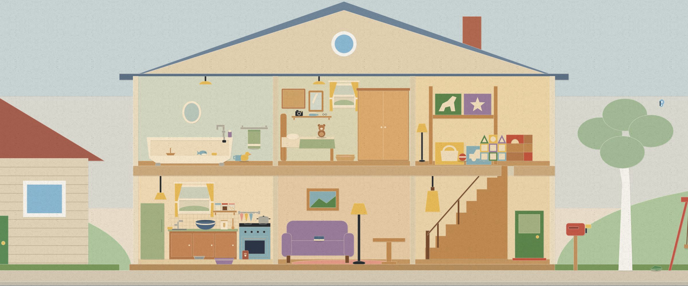 Tiinyme’s paper house, cut open: a bathroom, bedroom and playroom upstairs, a kitchen, living room and hall downstairs, on a sunny street.