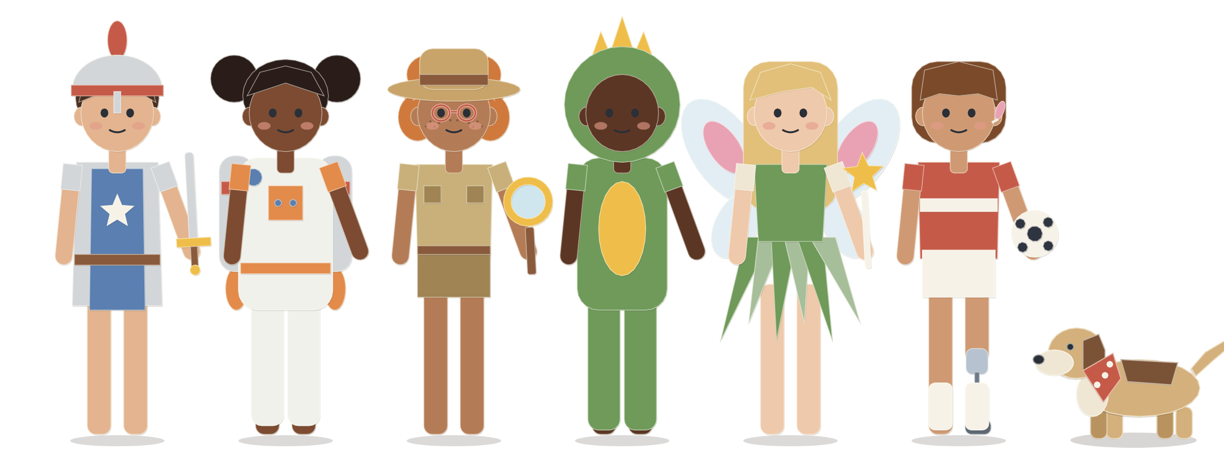 Six children in Tiinyme, each different: a boy dressed as a knight, a girl in a space suit with a jetpack, a child in glasses dressed as an explorer, a boy in a dinosaur suit, a girl dressed as a fairy and a child in a football kit with a hearing aid and a prosthetic leg, beside Tiinyme the dog.