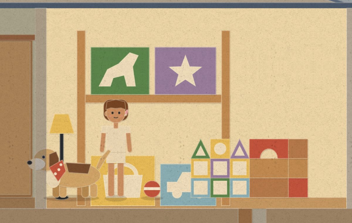 In Tiinyme’s playroom, a child waves beside Tiinyme the dog, with a tower of magnet tiles and a box of blocks.